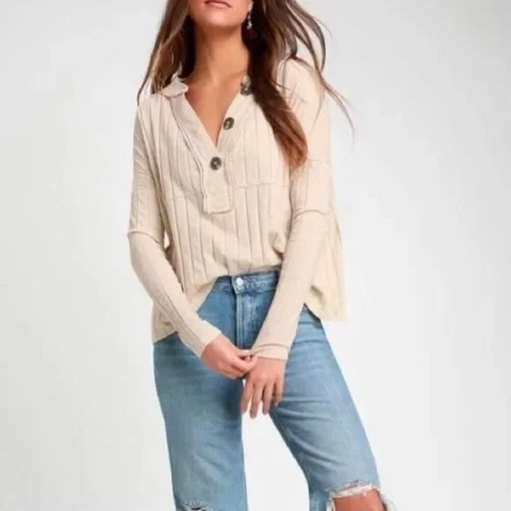 Free People In The Mix Henley Top Ivory XS Ribbed Long Sleeve Shirt Cream